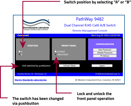 Switch position via the GUI PathWay Model 9482 Software GUI allows the user to switch positions.